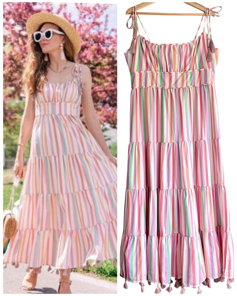 CHICWISH Tiered Rainbow Candies Stripes Maxi Dress Tassels Whimsy Boho Resort L‎